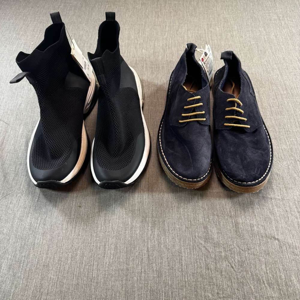 NWT 2 Size 6 Zara Black Fabric Hi-Top Sock Sneakers/Blue Leather Shoes Lot New